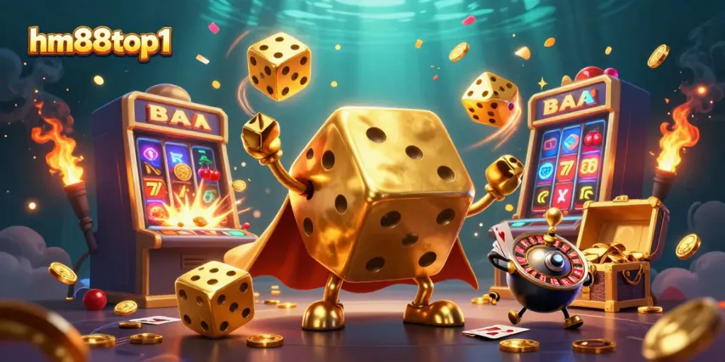 Experience the vibrant excitement at hm88top1 with golden dice and a dynamic casino scene.