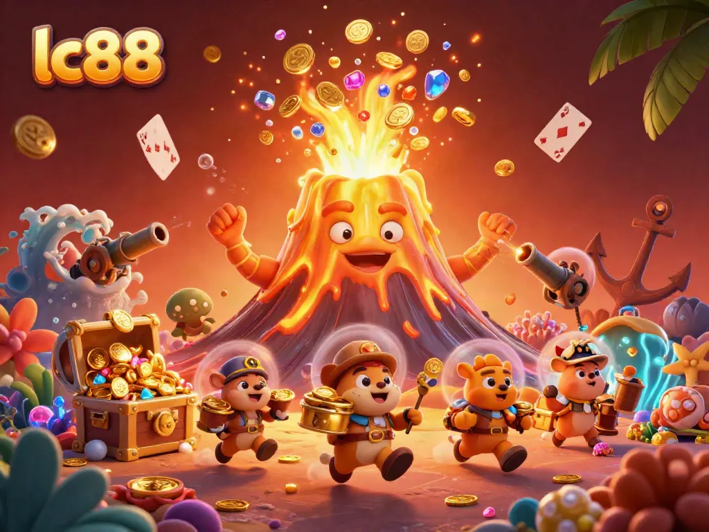 Engage in thrilling gaming action at lc88, featuring a triumphant volcano amidst treasure and casino elements.