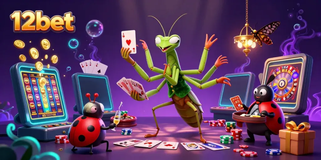 Engaging illustration featuring a giant mantis and ladybug characters promoting 12bet with lively casino elements.