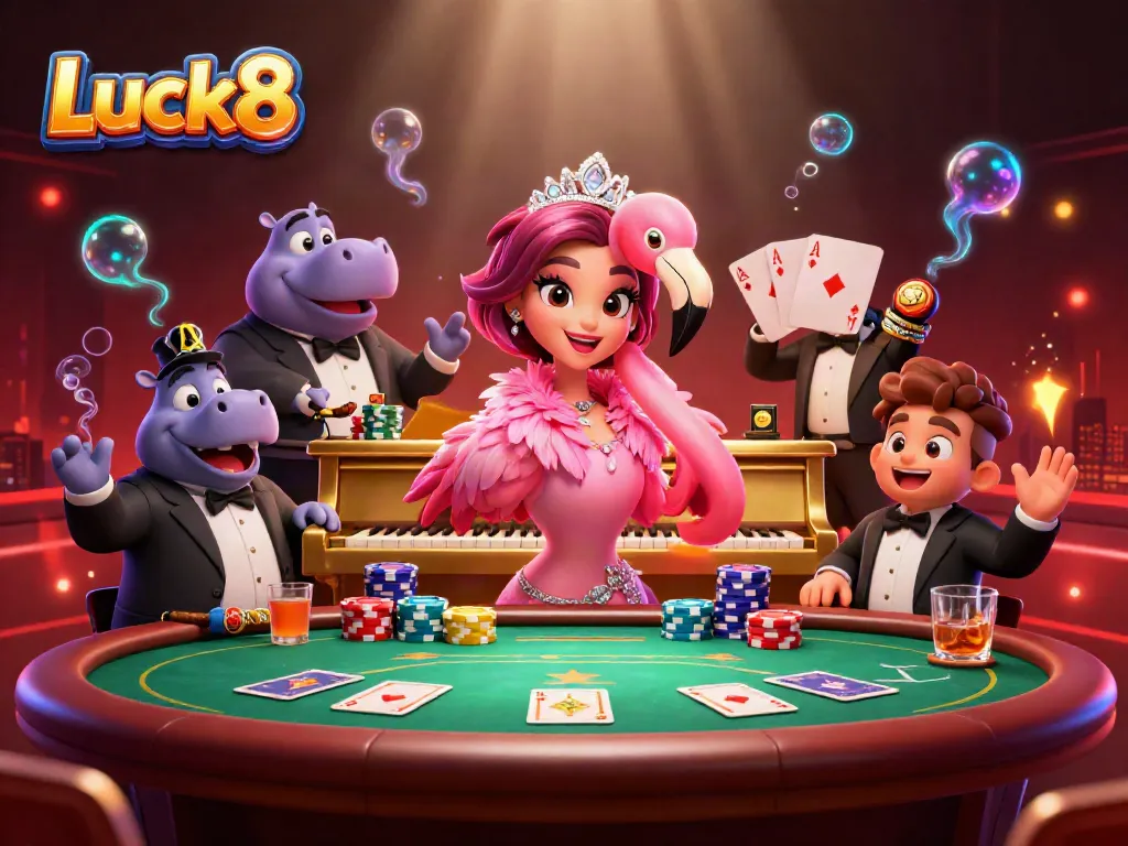 Luck8 engages players with vibrant casino elements and lively characters in a dazzling scene.
