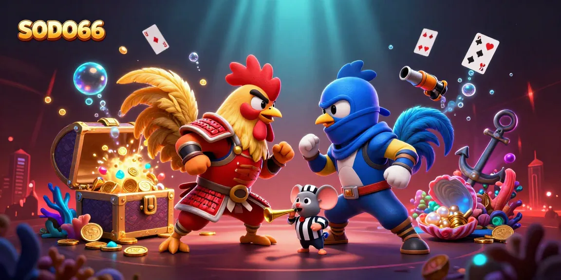Experience SODO66's exciting standoff with samurai and ninja roosters amidst vibrant casino elements.