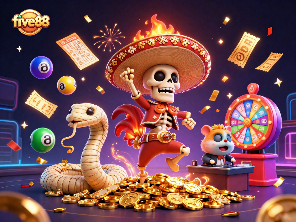 Experience vibrant fun with five88's animated characters celebrating on golden coins amidst gambling excitement.