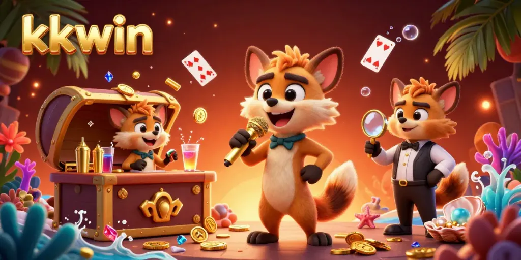 Experience kkwin's vibrant comedy casino scene featuring hyenas and magical game elements.