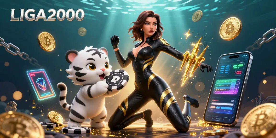 Aksi slot LIGA2000 dengan wanita akrobatik dinamis dan bayi harimau putih yang bermain di lingkungan kasino yang vibrant.