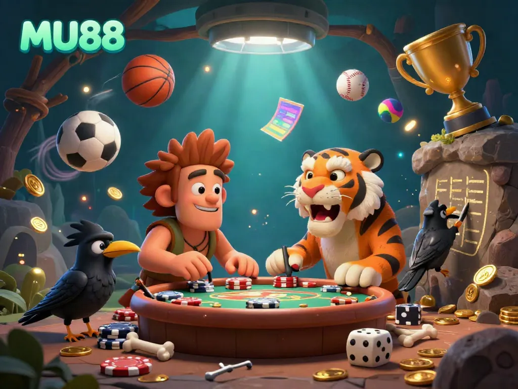 Experience the excitement of MU88 with a prehistoric casino scene featuring a caveman and sabertooth tiger.