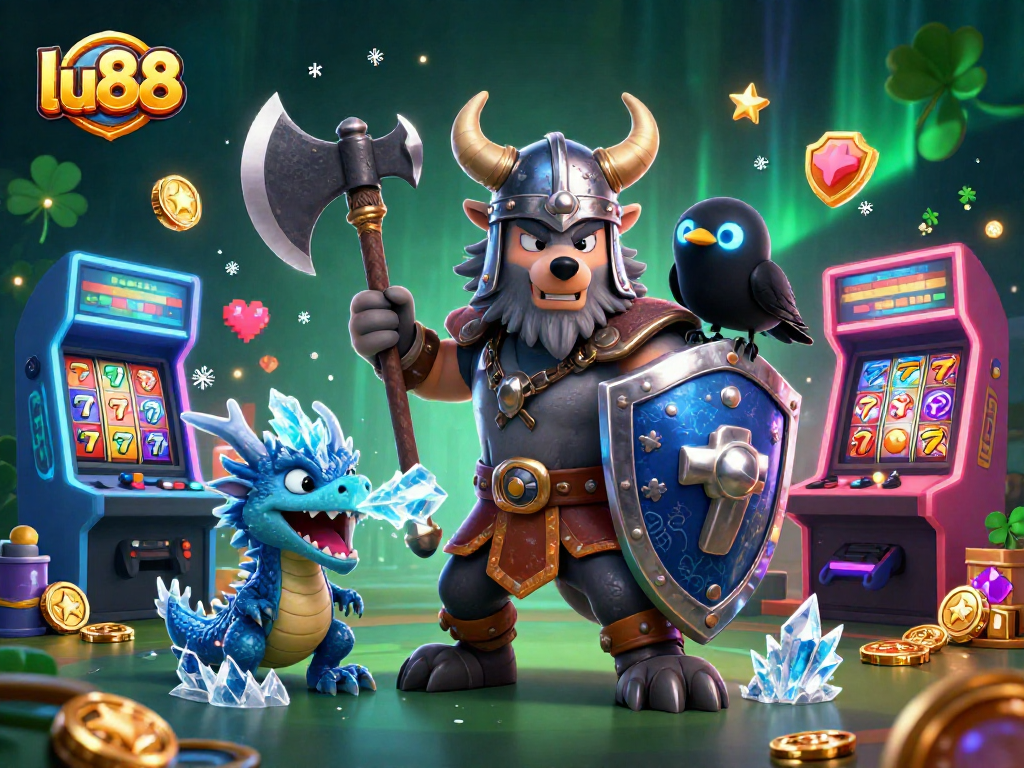 Experience the excitement of lu88 with a vibrant casino scene featuring a Viking wolf warrior, ice-breathing dragon, and dynamic game elements.