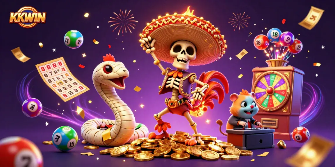KKWIN presents a vibrant scene with a mariachi rooster celebrating on golden coins amidst dynamic gaming elements.