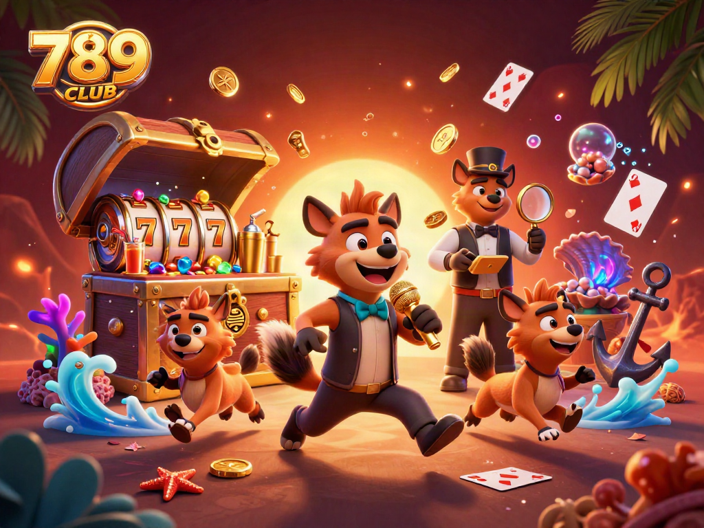 Experience the fun at 789CLUB with hyenas in a vibrant comedy casino scene featuring dynamic game elements.