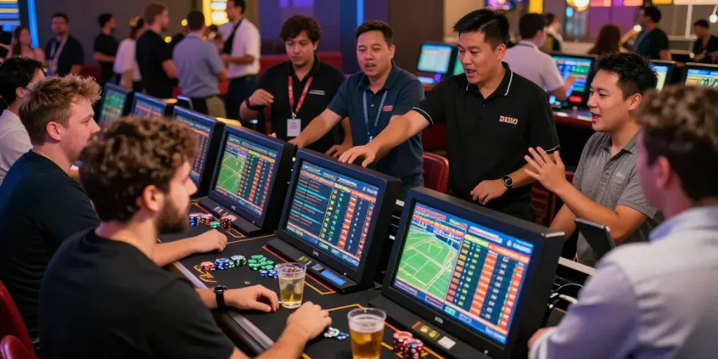 9bet players engaging in sports betting at a lively casino