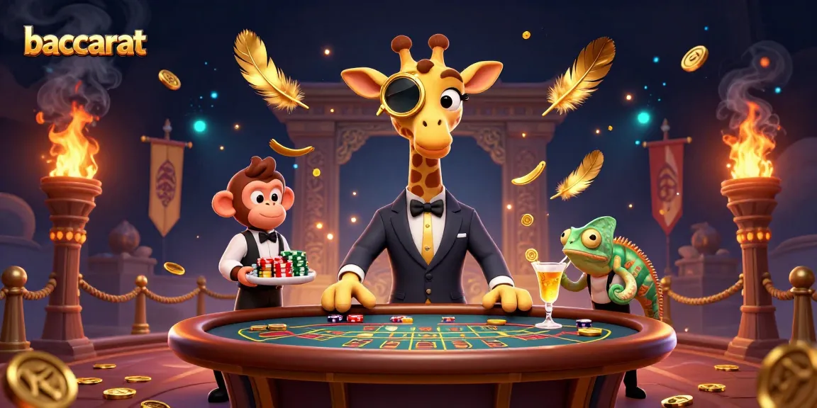 Baccarat table scene featuring a high-roller giraffe and characters engaging in casino action with gold and ember effects.