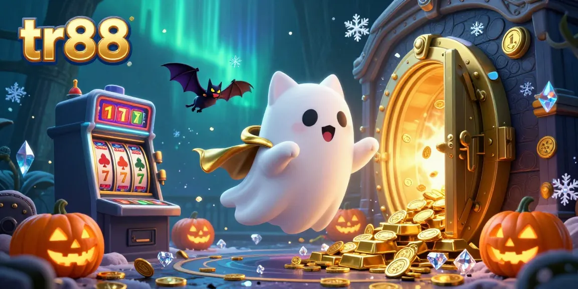 Experience the thrill of tr88 with a ghost cat and vampire bat in a haunted casino filled with glowing treasures and slot machines.
