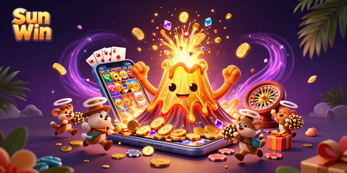 Experience the excitement of Sun Win with a golden volcano and treasure-filled adventure.