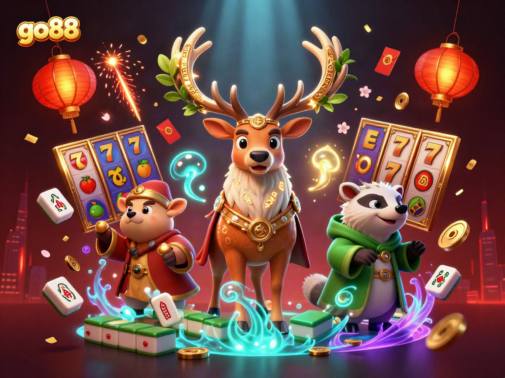 Engage with top game features at go88, illuminated by vibrant gaming elements and characters.