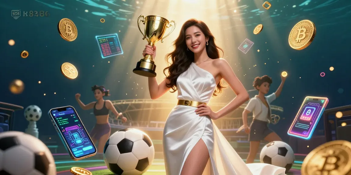 Experience the excitement of ok8386 with a confident Asian woman celebrating her victory amidst sports betting elements.