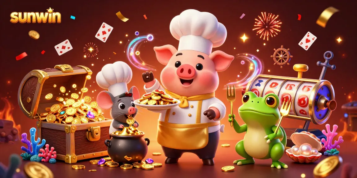 sunwin casino scene with chef pig serving gold coins, vibrant slot game elements