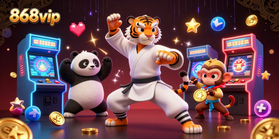 Experience the excitement of 868vip with a thrilling casino scene featuring a kung fu tiger master and colorful gaming elements.