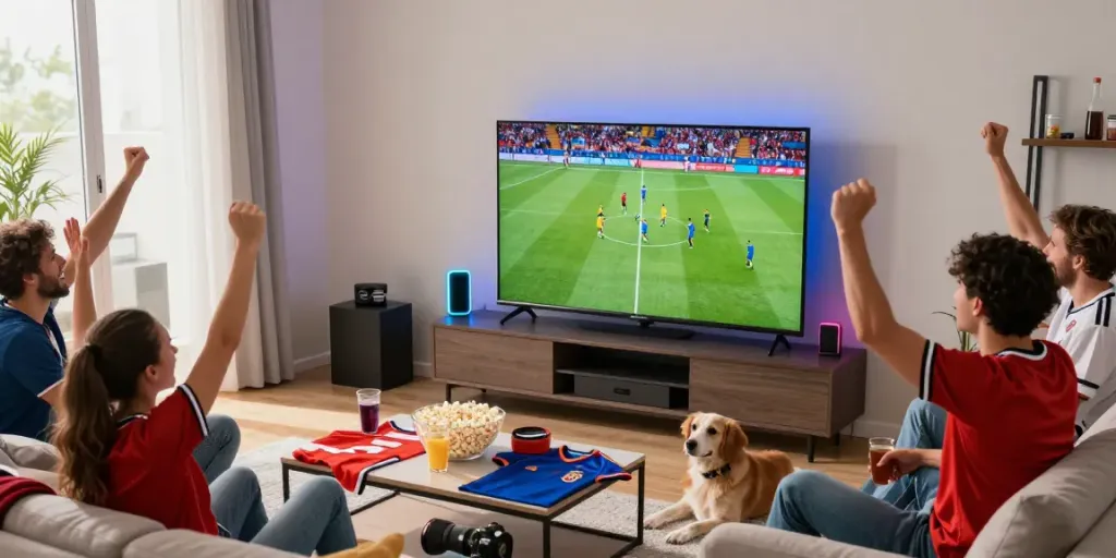 Thapcamtv fans cheering in a lively living room during a live football match.