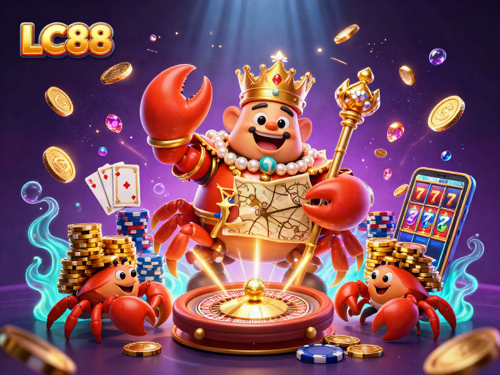 LC88 golden crab emperor commands a treasure-filled casino scene with vibrant gaming elements.