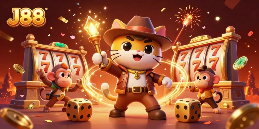 Engage with J88's thrilling casino adventure featuring a cat explorer and a monkey unveiling hidden treasures.