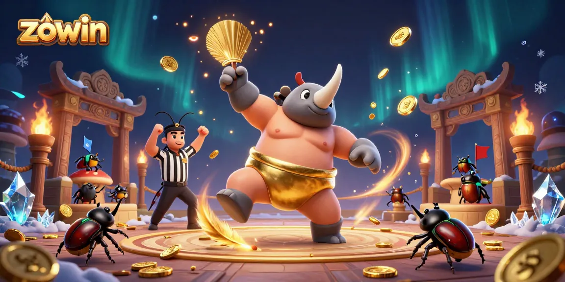 Zowin captivates with a vibrant casino scene, showcasing a beetle champion amidst flying coins and golden tokens.