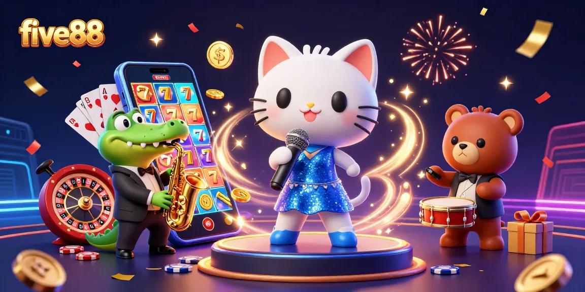 Experience the thrill of five88 with a joyful casino scene featuring vibrant characters and games.