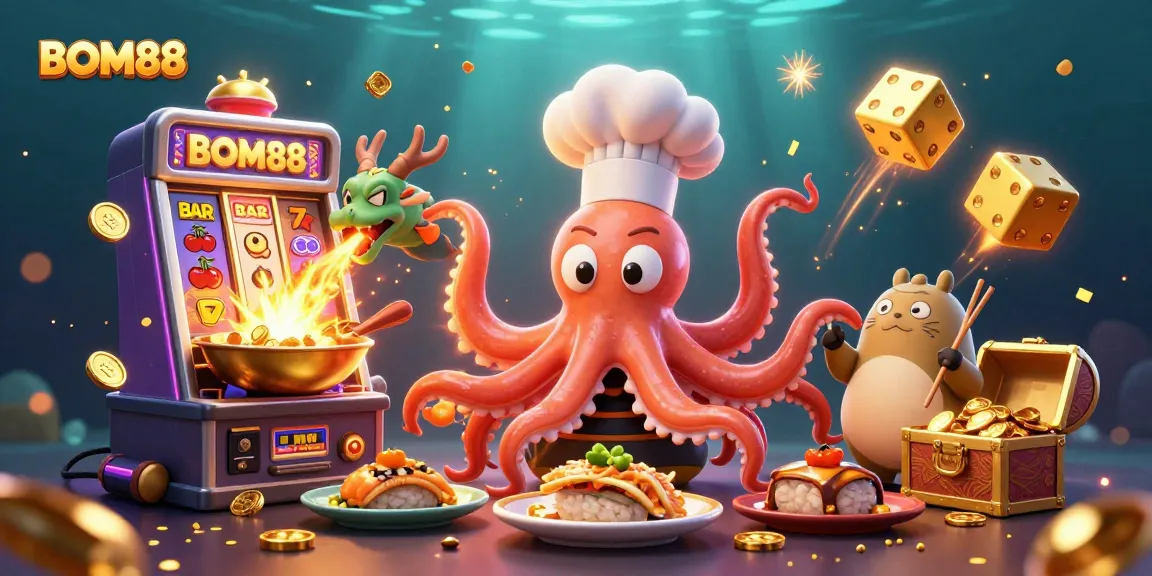 BOM88 offers an exciting gaming adventure featuring a sushi chef octopus and a dragon in a vibrant casino setting.