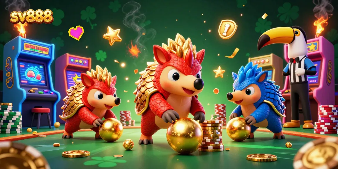 Engage with sv888's thrilling features as cartoon pangolins compete in a colorful casino scene.