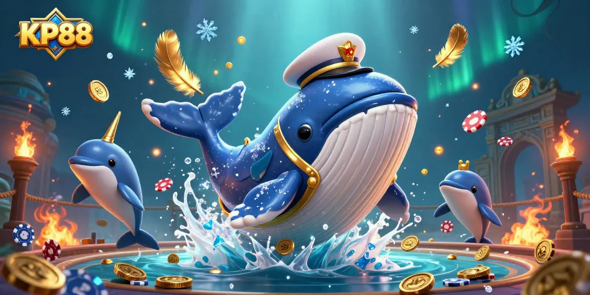 Engage in the thrill of KP88 with a vibrant scene of playful dolphins, a captain whale, and golden coins.