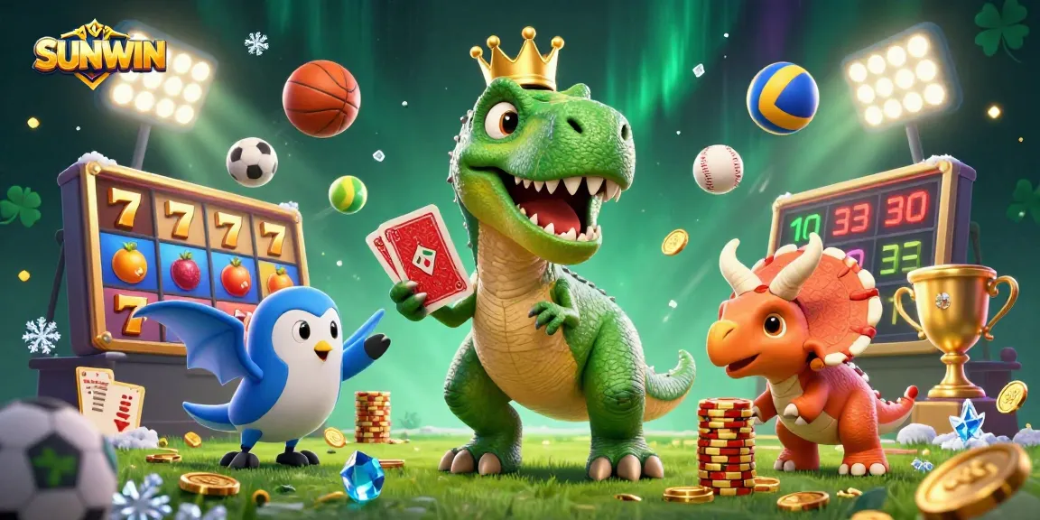 SUNWIN showcases a vibrant 3D scene where a T-Rex shuffles cards under dazzling lights, capturing robust gaming excitement.