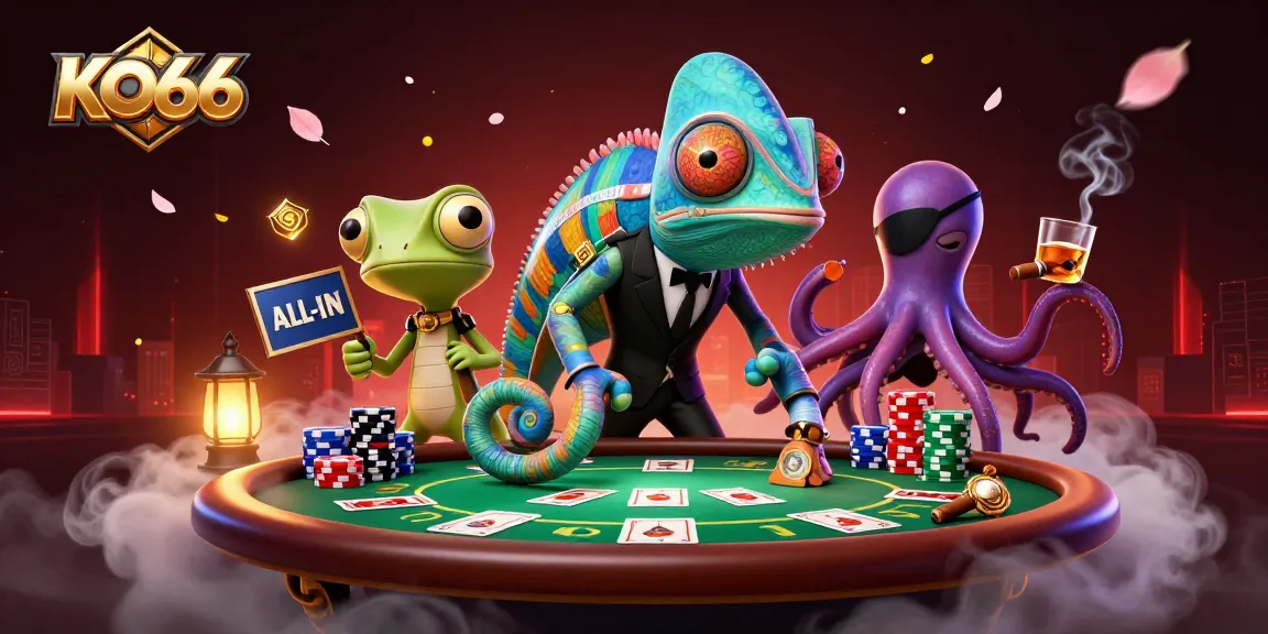 KO66 showcases a vibrant 3D illustration of lively casino characters engaging at a dynamic poker table.