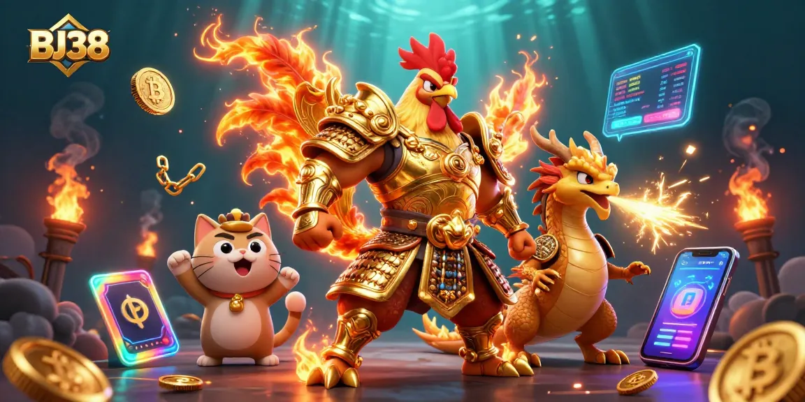 Bet and win at BJ38 with energetic 3D cartoon characters amidst vibrant casino elements.