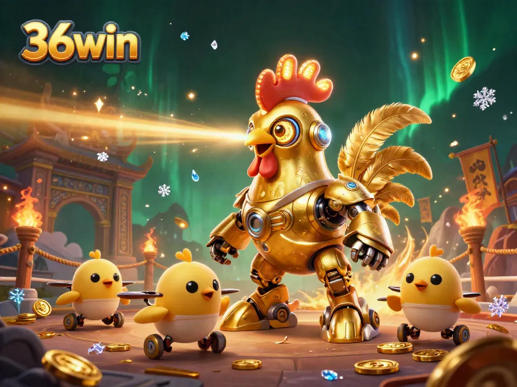 Experience the thrill of 36win with a dynamic scene of robotic characters amidst vibrant casino elements.