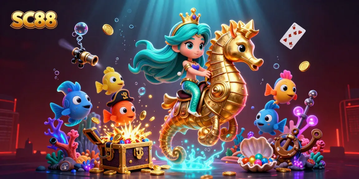 Experience SC88's vibrant casino adventure with a mermaid, giant seahorse, and animated treasures in underwater glory.