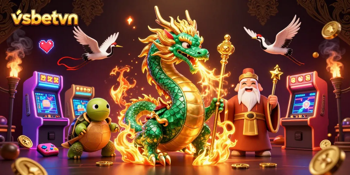 Engage in immersive gaming at vsbetvn with a dynamic 3D scene featuring lucky dragons, turtles, and cranes.
