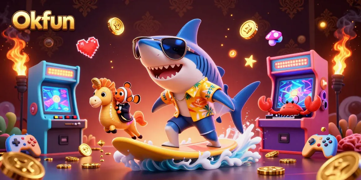 Engage in casino action at Okfun with vibrant characters surfing gold coins and a crab DJ.