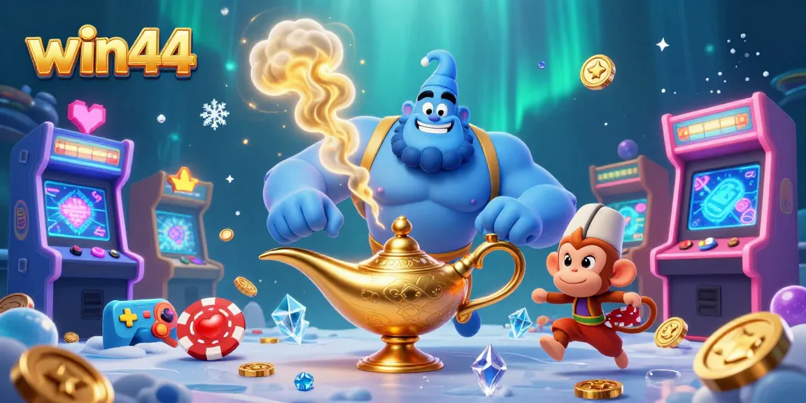 Experience the thrill of win44 with a vibrant casino scene featuring a genie, monkey, and poker chips.