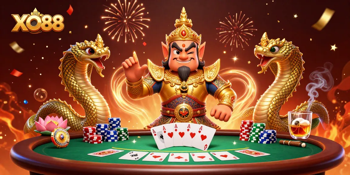 Win big at XO88 with an exciting 3D illustration showcasing poker action and vibrant casino elements.