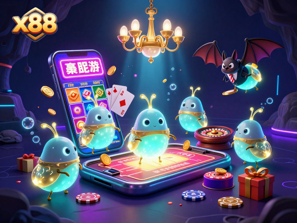 x88 illuminates a dynamic casino scene with glowworms and a bat dealer, showcasing vibrant gaming elements.