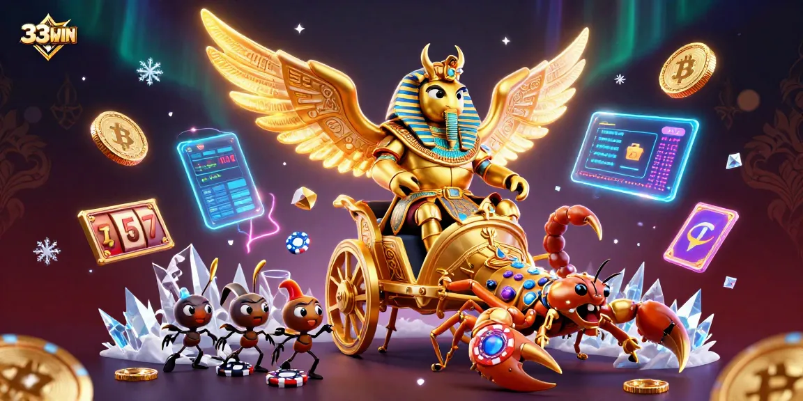 Engage with 33WIN in a vibrant 3D casino scene featuring golden elements and animated characters.