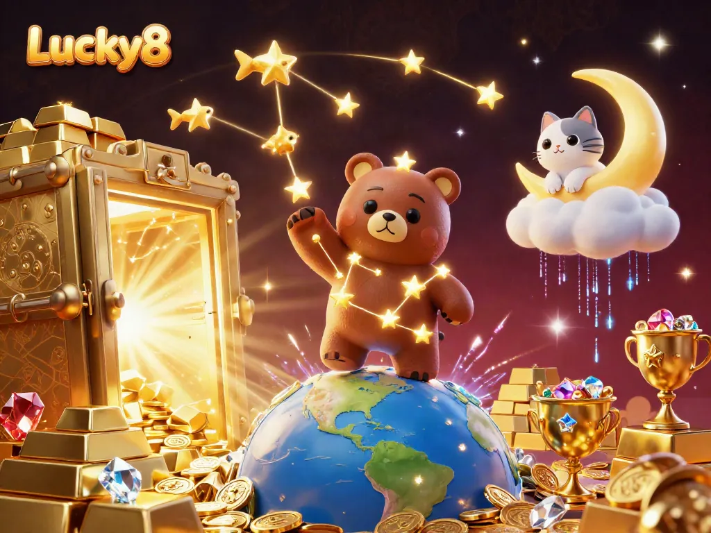Experience the thrill of Lucky8 with a cosmic bear, sparkling treasures, and a vibrant casino atmosphere.