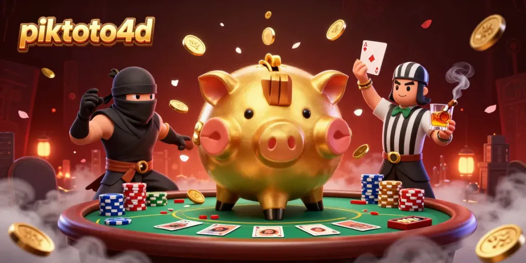 Piktoto4d showcases a vibrant scene of a golden piggy bank sumo wrestler amidst poker elements, creating a dynamic gambling atmosphere.