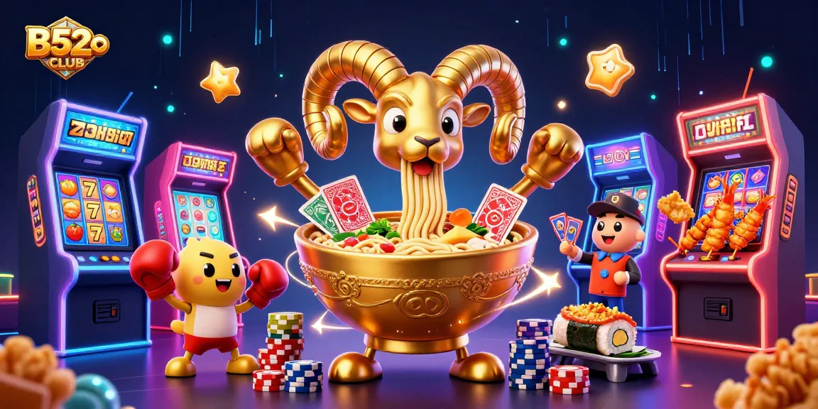 B52CLUB offers gaming excitement with a vibrant 3D casino scene featuring unique characters and classic slot elements.