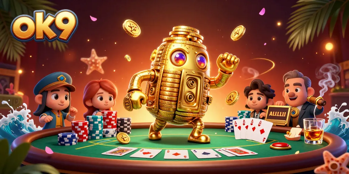 Experience exciting action at ok9 with our vibrant casino-themed illustration of a golden golem.