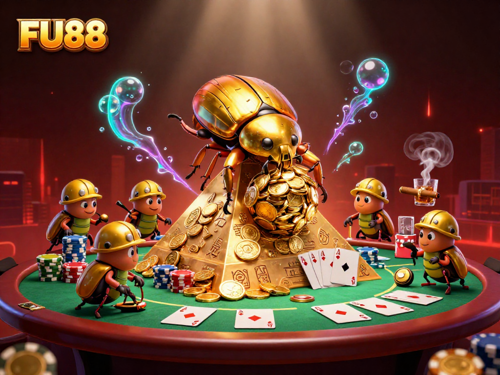 Engage in casino excitement with FU88's vibrant golden beetles and dynamic poker elements.