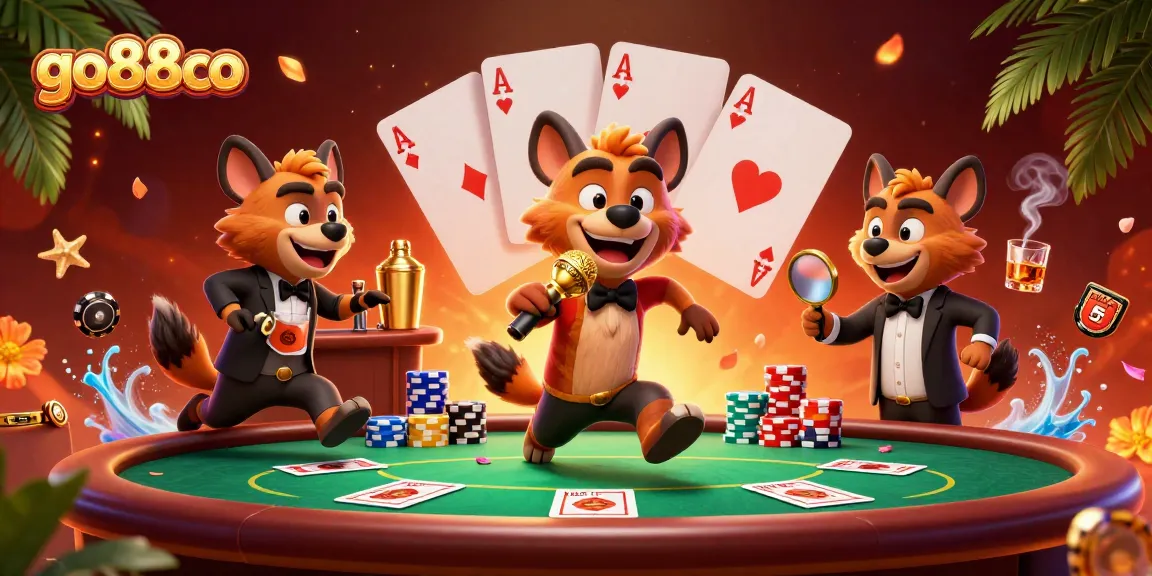 Hyenas entertain at a go88co casino, mixing drinks and checking IDs amid poker action.