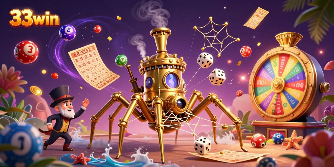 Experience the excitement of 33win with a steampunk-inspired 3D illustration of gaming elements.