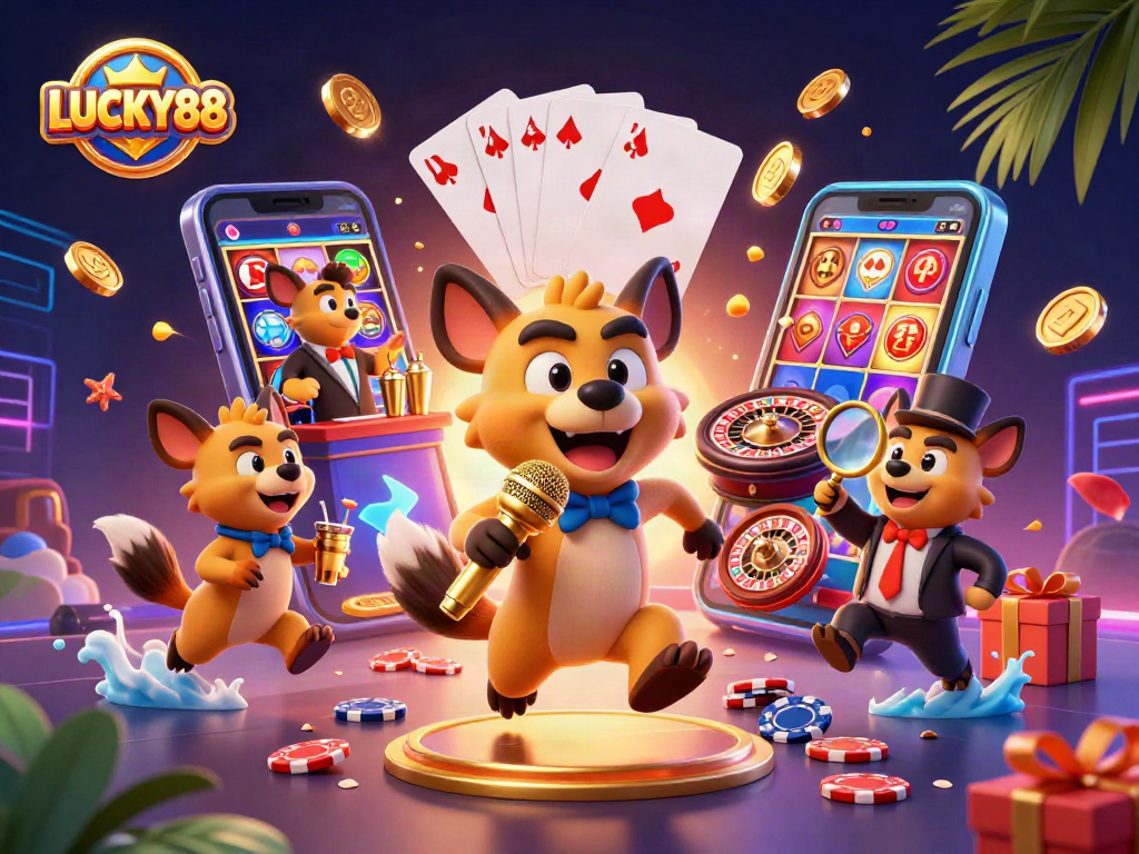 LUCKY88 interactive slot experience illustrated with comedic hyenas in a vibrant casino scene.