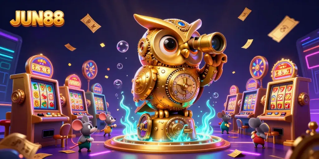 Experience the thrilling slots at JUN88 with vibrant golden owl and dynamic casino atmosphere.
