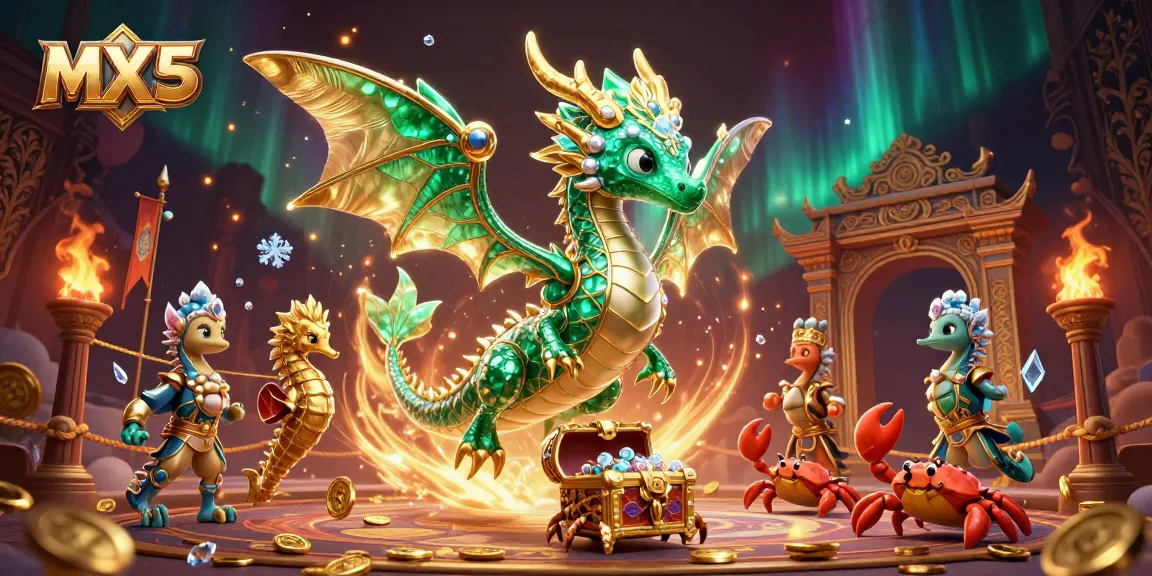 Win big at MX5 with an enchanting 3D casino scene featuring a leafy sea dragon and treasure.