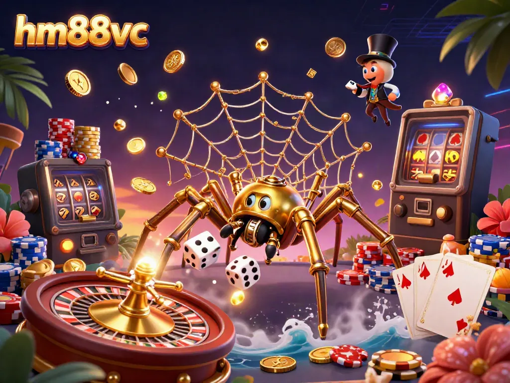 Engaging gameplay at hm88vc with a steampunk spider and golden poker elements in a vibrant casino scene.